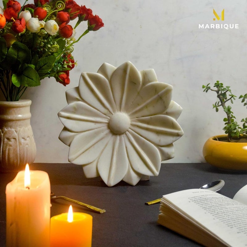 MARBIQUE 9 inch Marble Lotus Plate for Home Decor Polished Marble Decorative Platter White Premium Handicrafted Marble - Image 3