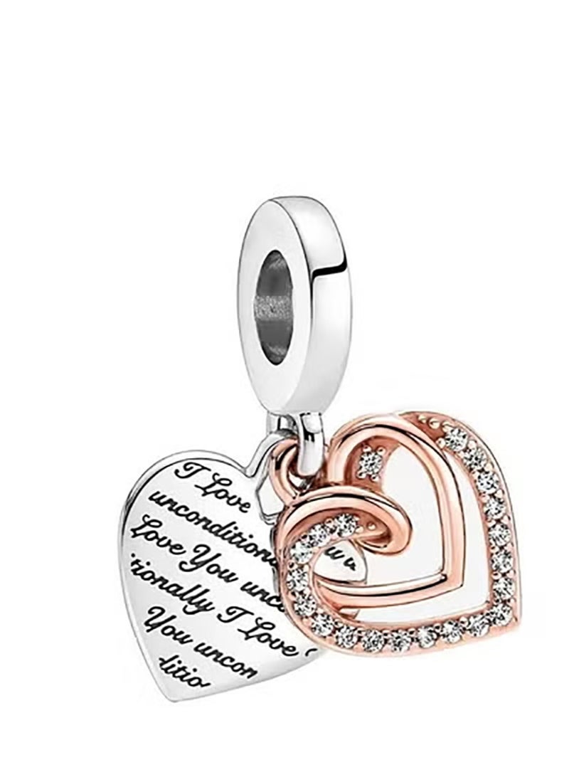 Pan Home Double Heart Dangle Charm, Silver & Rose Gold Two-Tone with Diamond Inlay