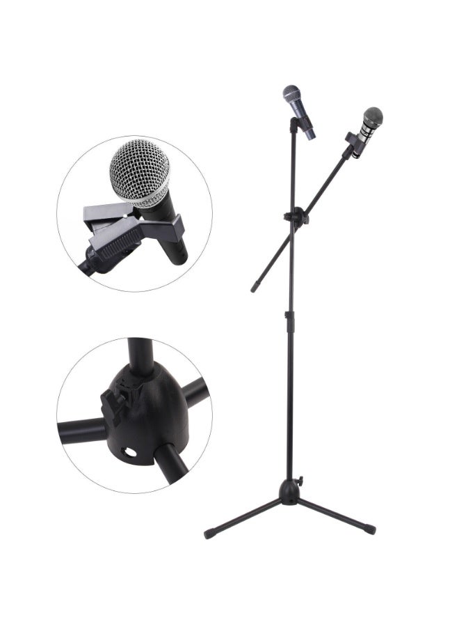 Adjustable Dual Microphone Stand Mic Holder Tripod Base Foldable Floor Stand for Microphone with 360° Rotatable Telescopic Boom Arm & 2x Mic Clips for Stage Performance Studio Concert - Image 1