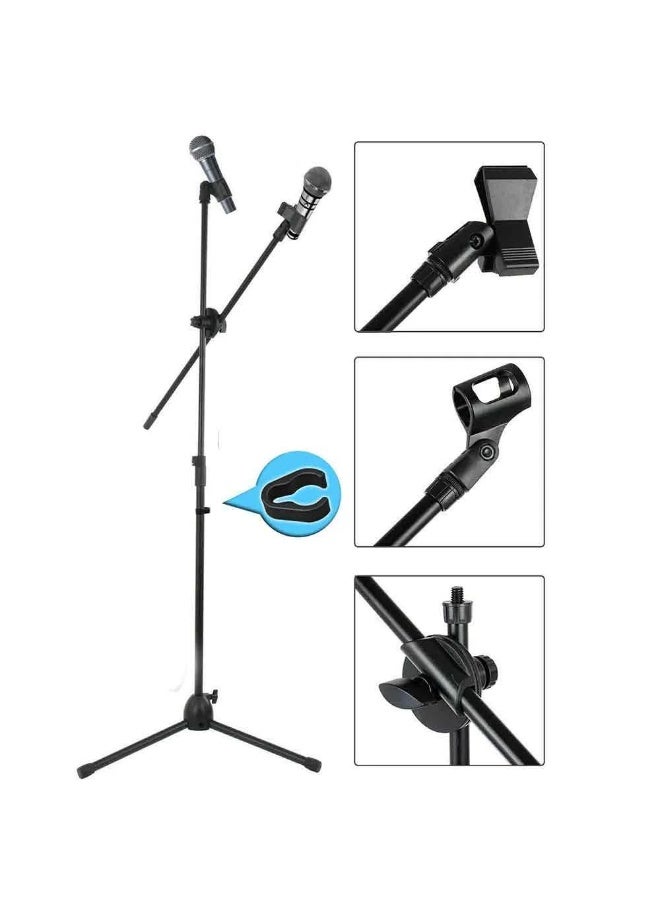 Adjustable Dual Microphone Stand Mic Holder Tripod Base Foldable Floor Stand for Microphone with 360° Rotatable Telescopic Boom Arm & 2x Mic Clips for Stage Performance Studio Concert - Image 5
