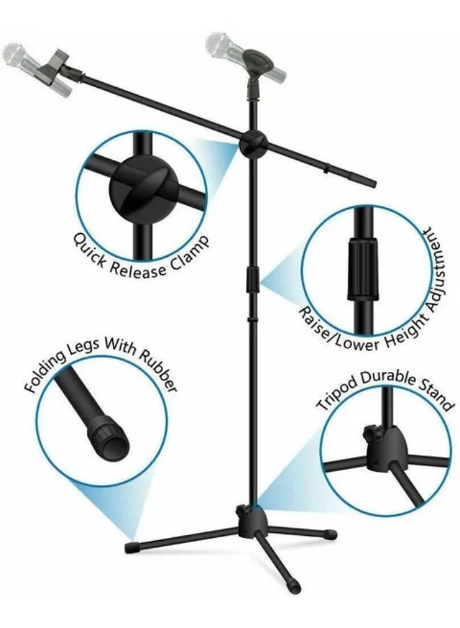 Adjustable Dual Microphone Stand Mic Holder Tripod Base Foldable Floor Stand for Microphone with 360° Rotatable Telescopic Boom Arm & 2x Mic Clips for Stage Performance Studio Concert - Image 3