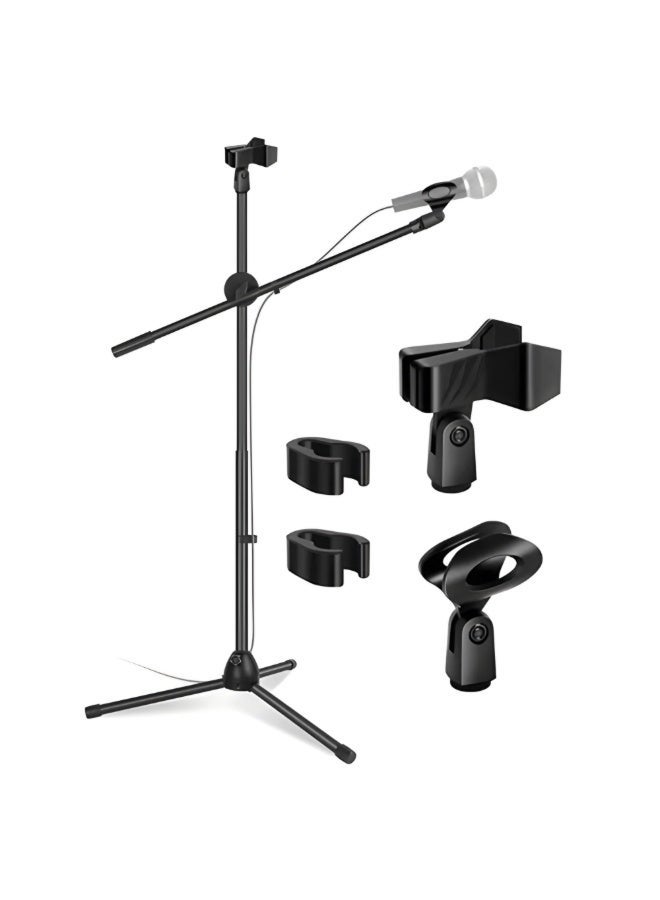 Adjustable Dual Microphone Stand Mic Holder Tripod Base Foldable Floor Stand for Microphone with 360° Rotatable Telescopic Boom Arm & 2x Mic Clips for Stage Performance Studio Concert - Image 4