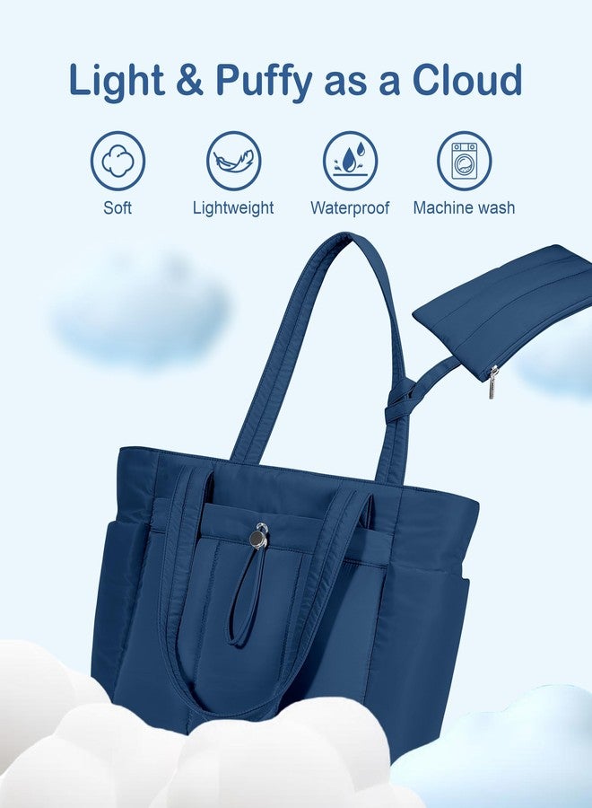 TOPDesign حقيبة تسوق نسائية من TOPDesign بتصميم منتفخ، مزودة بحامل أكواب وجيب للكمبيوتر المحمول وحقيبة مستحضرات تجميل وحزام لعربة السفر، مناسبة للعمل والسفر، لون كحلي، مقاس متوسط، للاستخدام اليومي - Image 4