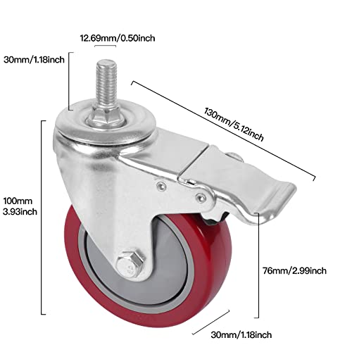 DICASAL 4 Inch Heavy Duty Stem Casters 360 Degree Swivel Thread Wheels with Metric Size M12-1.75 Screw Bolt Double Locking Brake Castor Wheel Load Capacity Upto 1200 Lbs Pack of Four - Image 4