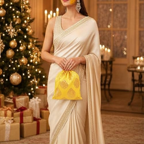 Touchstone Indian Paisley Golden Petaled 6 Colors Synthetic Brocade Organza Border Party Favors 9"x7" Drawstring Pouches Shopping Gifts Jewelry Wedding Sweets Bags Set Of 6 For Women. - Image 3
