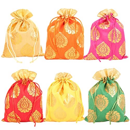 Touchstone Indian Paisley Golden Petaled 6 Colors Synthetic Brocade Organza Border Party Favors 9"x7" Drawstring Pouches Shopping Gifts Jewelry Wedding Sweets Bags Set Of 6 For Women. - Image 1