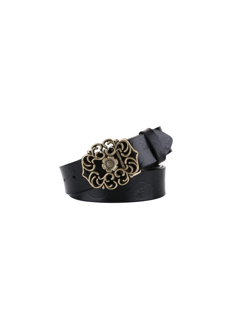 Classic Women's Vintage Leather Belt, Adjustable Wide Waist Belt for Dresses and Jeans, Stylish Simple Buckle, Genuine Leather, Black (110cm) - Perfect for Any Outfit. - Image 1