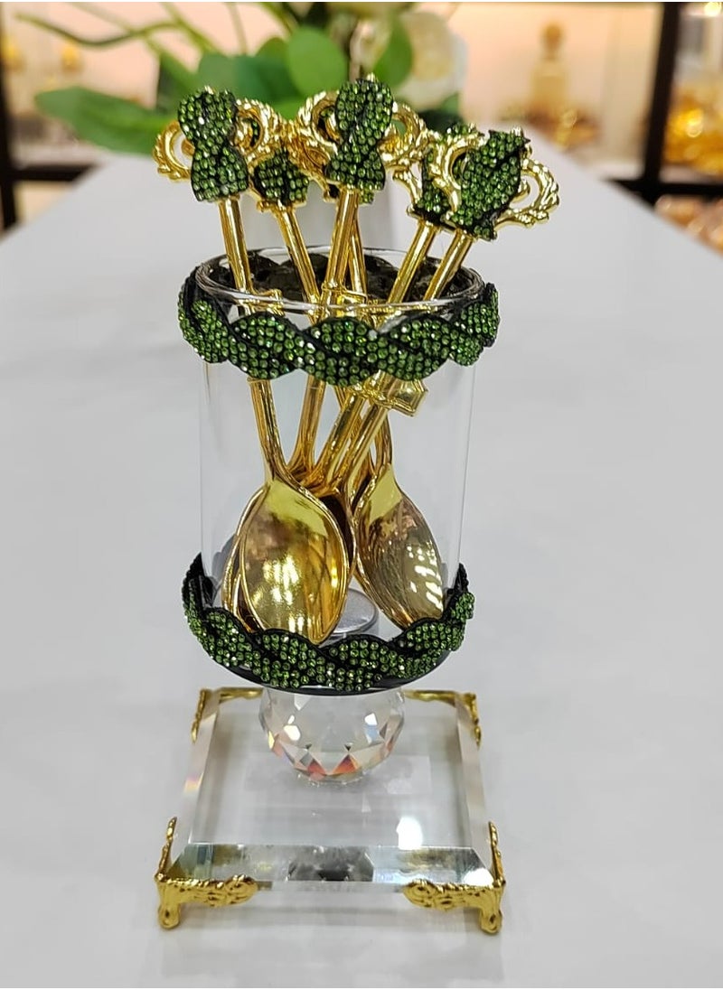 Damanhoor 6Piece Handmade Design Gold Stainless Steel Dessert Spoons Set with Moving Glass Holder  - Image 1