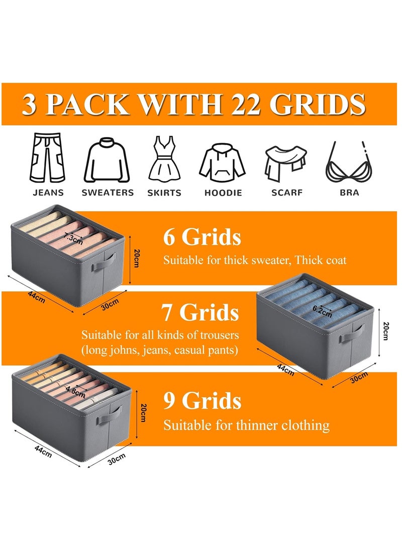 3 Pack Foldable Wardrobe Clothes Organizer, Jeans Drawer Closet Organizer, Fabric Organizer Storage Bins, Closet Organizer Basket with Reinforced Handle and Various Storage Compartments