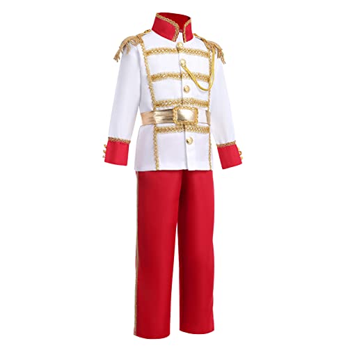 AWIBMK Prince King Charming Costume for Kids Boys Medieval Royal Prince Costume Halloween Christmas Cosplay Party Outfits Dress up Crown Truncheon Cape Belt Shoe Covers Accessories Set White + Red 5-7 Years - Image 3