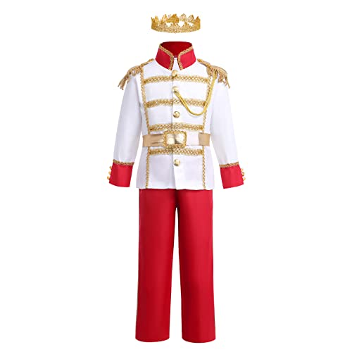 AWIBMK Prince King Charming Costume for Kids Boys Medieval Royal Prince Costume Halloween Christmas Cosplay Party Outfits Dress up Crown Truncheon Cape Belt Shoe Covers Accessories Set White + Red 5-7 Years - Image 1