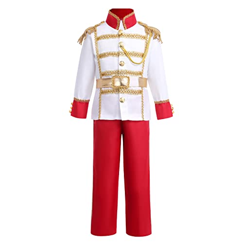 AWIBMK Prince King Charming Costume for Kids Boys Medieval Royal Prince Costume Halloween Christmas Cosplay Party Outfits Dress up Crown Truncheon Cape Belt Shoe Covers Accessories Set White + Red 5-7 Years - Image 2
