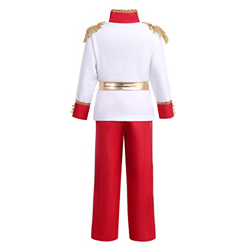 AWIBMK Prince King Charming Costume for Kids Boys Medieval Royal Prince Costume Halloween Christmas Cosplay Party Outfits Dress up Crown Truncheon Cape Belt Shoe Covers Accessories Set White + Red 5-7 Years - Image 4