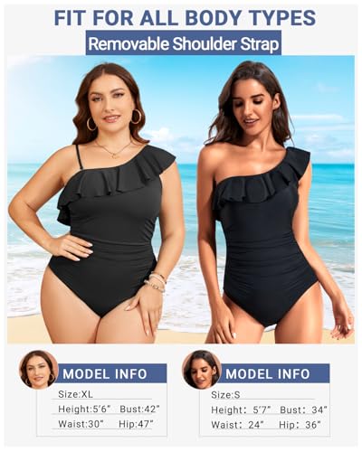 Tempt Me Women One Piece Swimsuits Tummy Control One Shoulder Bathing Suits Ruffle Swimwear Black Large - Image 4
