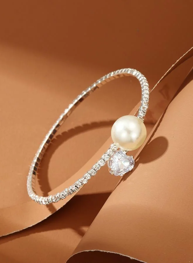 تايك تو Silver Tone pearl and Rhinestone Embellished Bracelet