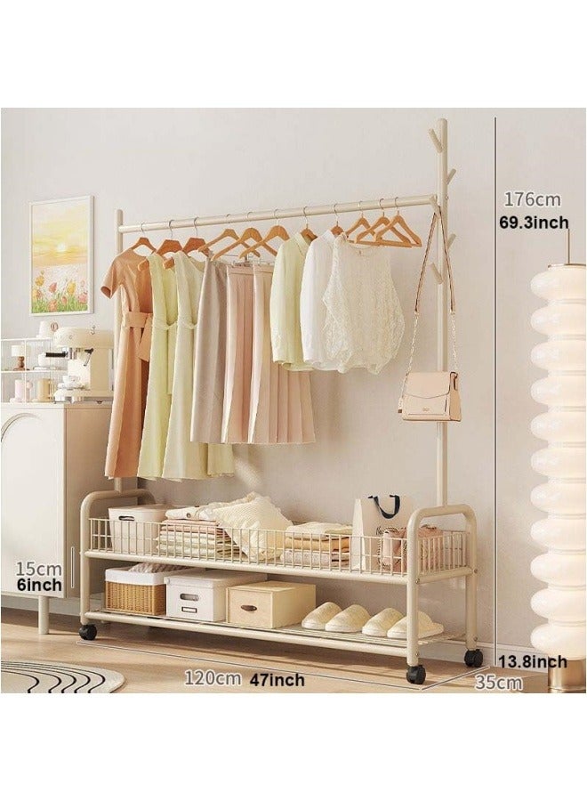GGEROU Rolling Garment Rack with Wheels, Heavy Duty Clothes Rack with Storage Basket and Coat Rack, Freestanding Metal Wardrobe Storage for Hanging Clothes, White  - Image 5