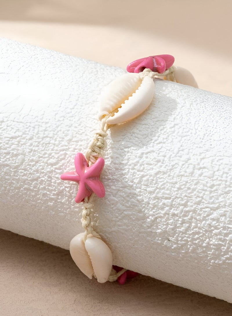 Braidise Creations 2 pcs Exquisite Shell Beads Design Bracelet With White Adjustable Rope For Vintage Bohemian Style For Women Summer Beach In Pink Colour - Image 1