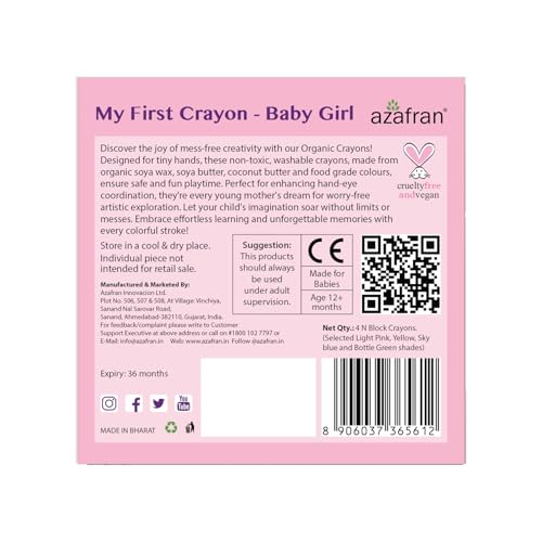 Azafran My First Crayon for Baby Girl, 4 Jumbo Block Crayons, Organic, Washable, Non-Toxic, Easy Grip for Tiny Hands… - Image 2