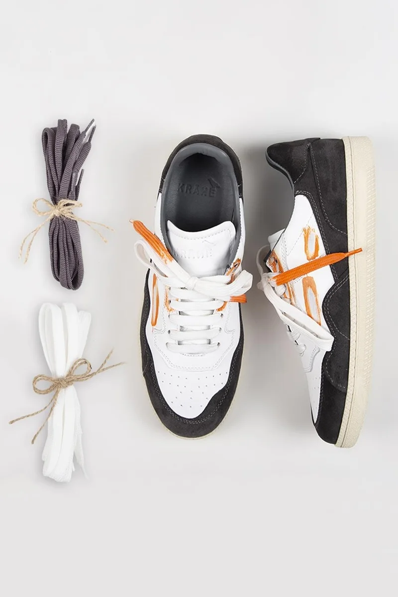 Krahe Krahe Artemis Men's Genuine Leather Distressed Hand-Painted Sneakers with Laces and Two Spare Laces, White-Grey