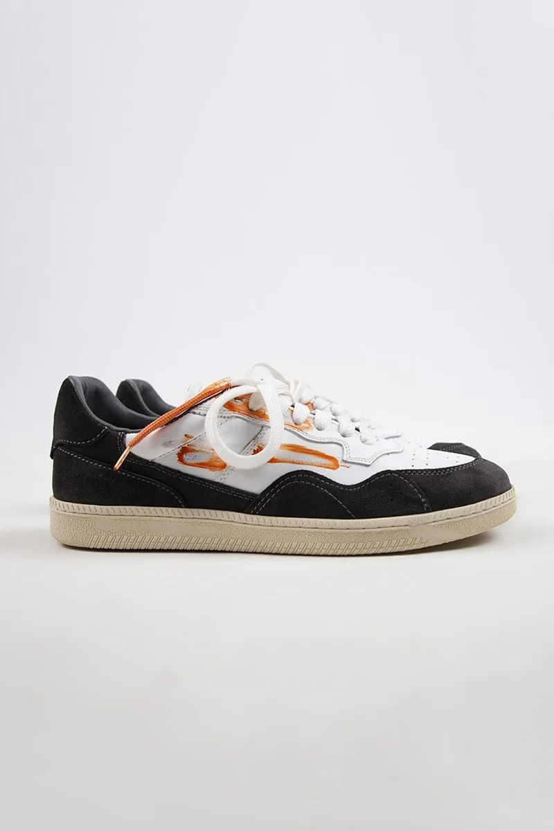Krahe Krahe Artemis Men's Genuine Leather Distressed Hand-Painted Sneakers with Laces and Two Spare Laces, White-Grey