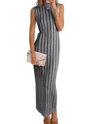 Wenrine Womens Sleeveless Sweater Dress Mock Neck Ribbed Knit Fall Tank Maxi Dresses Grey - Image 1