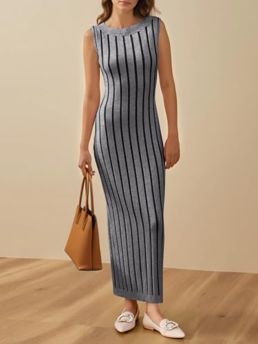 Wenrine Womens Sleeveless Sweater Dress Mock Neck Ribbed Knit Fall Tank Maxi Dresses Grey - Image 3