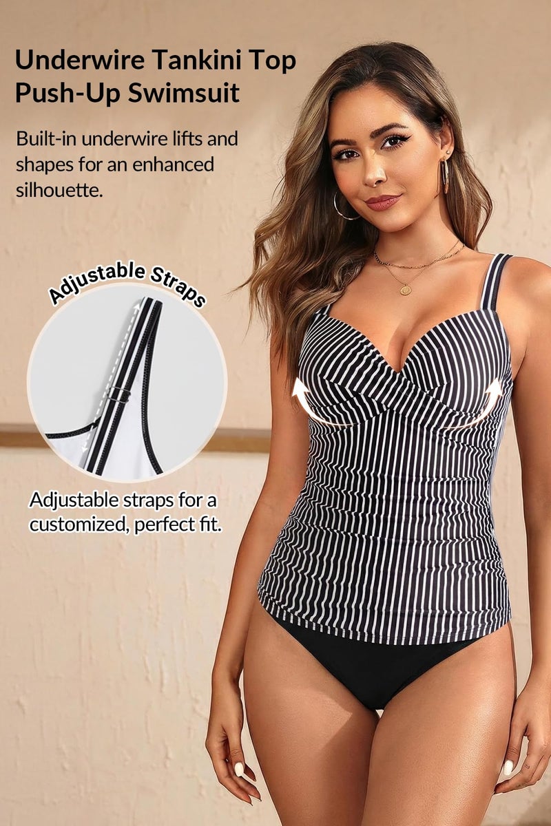 Yonique Women's Underwire Tankini Top Only - Push Up Swimsuit Top with Bra Support Tummy Control Bathing Suit Top No Bottom 2025 Black Striped M - Image 4