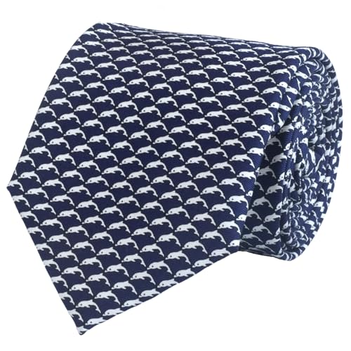 WITZROYS 100% Silk Ties for Men Handmade Neckties with Animal Printed Patterns+Gift box … (Dolphins - Silver on Navy Blue, Regular Length - 59") - Image 1