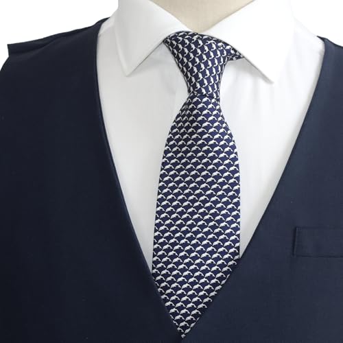 WITZROYS 100% Silk Ties for Men Handmade Neckties with Animal Printed Patterns+Gift box … (Dolphins - Silver on Navy Blue, Regular Length - 59") - Image 2