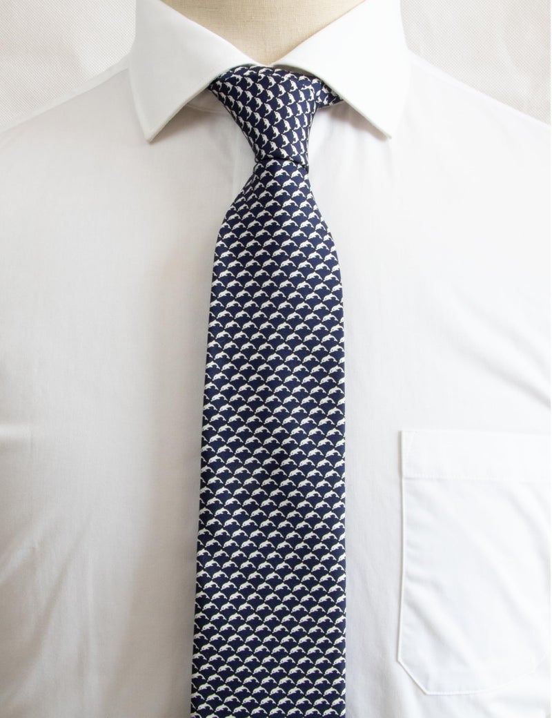 WITZROYS 100% Silk Ties for Men Handmade Neckties with Animal Printed Patterns+Gift box … (Dolphins - Silver on Navy Blue, Regular Length - 59") - Image 3