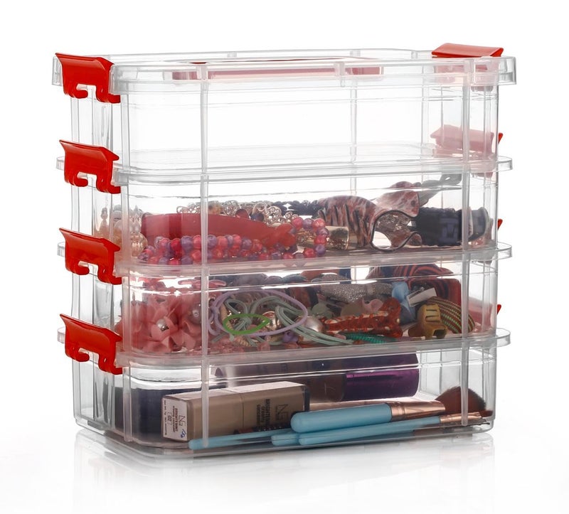 Stysol Plastic Storage Box 4 Layer Stack Carry BoxTransparent Rectangular Multi Utility Detachable Portable Stackable Space Saving Organiser with Lid - Image 1