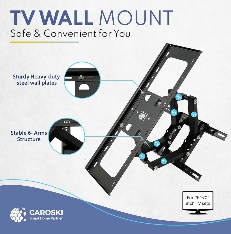 CAROSKI TV Wall Mount - Full Motion TV Mount with 1 Year Warranty Wall TV Bracket TV Screens Swivel TV Wall Mount with Dual Articulating Arms TV Bracket (26 to 70 inches) - Image 5