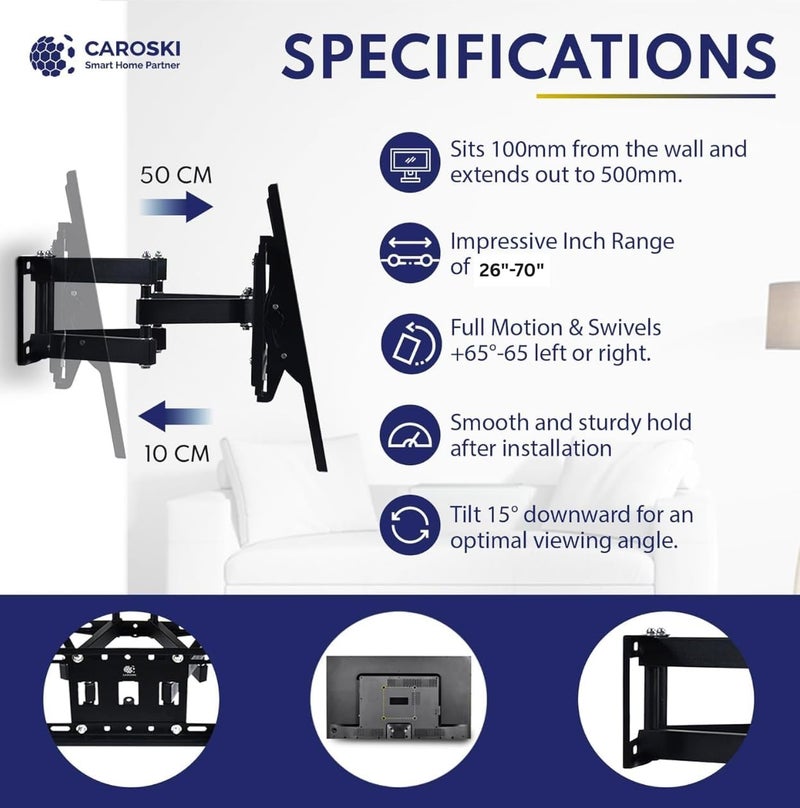 CAROSKI TV Wall Mount - Full Motion TV Mount with 1 Year Warranty Wall TV Bracket TV Screens Swivel TV Wall Mount with Dual Articulating Arms TV Bracket (26 to 70 inches) - Image 4