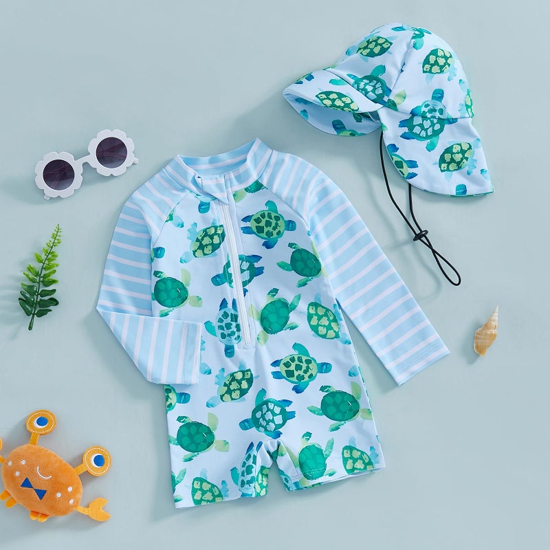 Lucikamy Toddler Baby Boy Girls One Piece Swimsuit Long Sleeve Zipper Bathing Suit with Hat Infant Rash Guard Swimwear (Blue A, 6-12 Months) - Image 3
