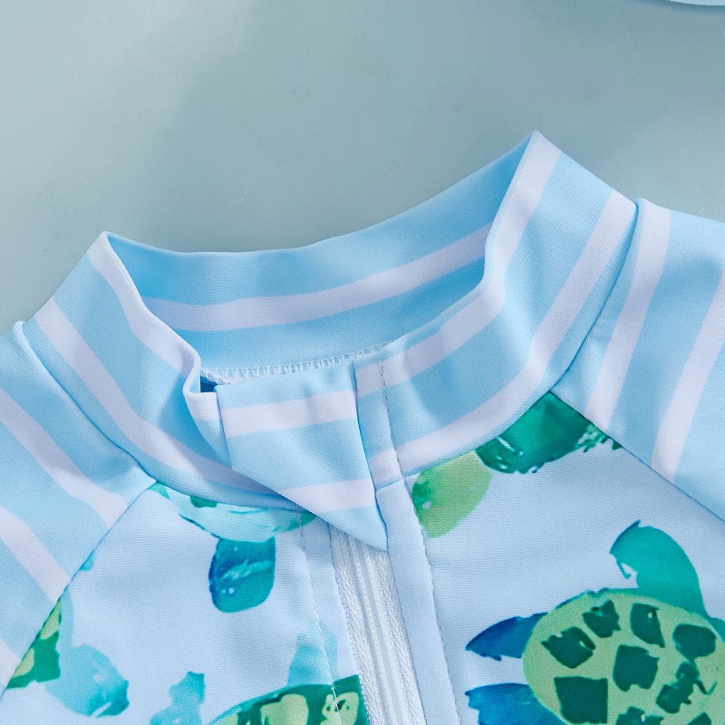 Lucikamy Toddler Baby Boy Girls One Piece Swimsuit Long Sleeve Zipper Bathing Suit with Hat Infant Rash Guard Swimwear (Blue A, 6-12 Months) - Image 2