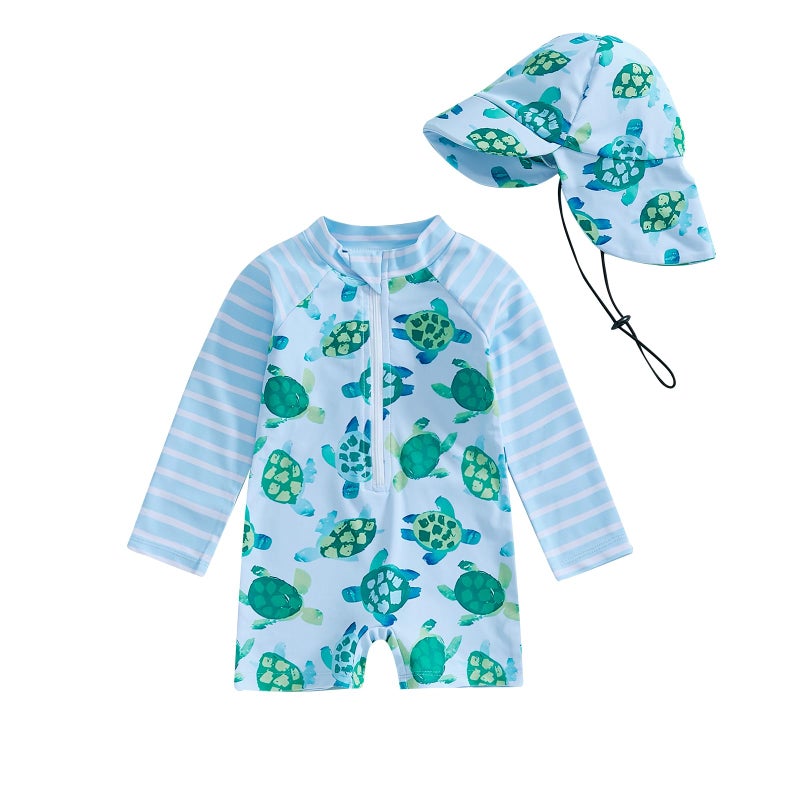 Lucikamy Toddler Baby Boy Girls One Piece Swimsuit Long Sleeve Zipper Bathing Suit with Hat Infant Rash Guard Swimwear (Blue A, 6-12 Months) - Image 1