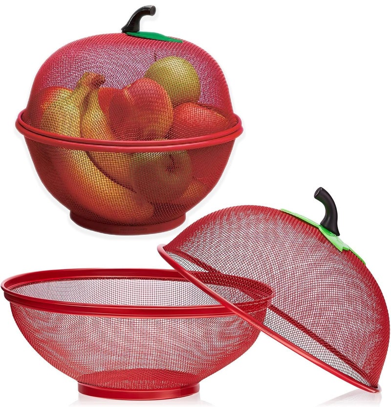 Bittern Fruit Basket with Lid Net Cover Steel Big Size for Dinning Kitchen Home Apple Shape Net Cover Protective Fruits Vegetables Food Storage Basket Strainer Kitchen Accessories Red - Image 1