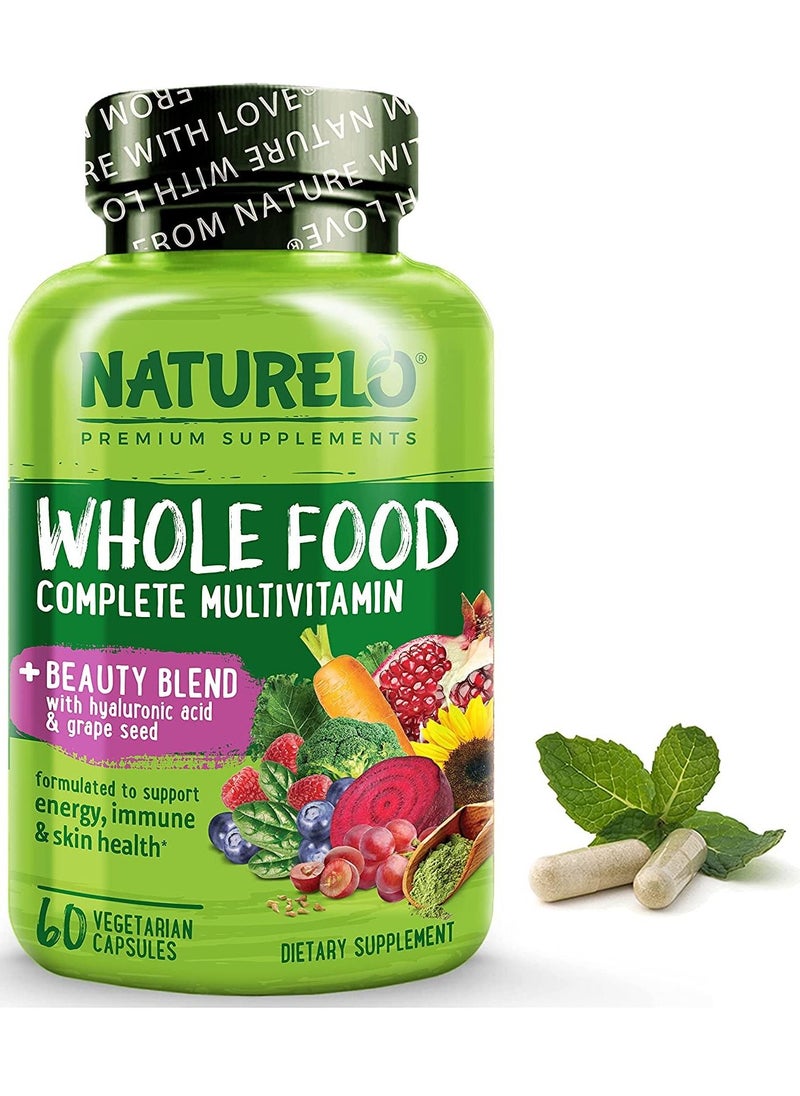 NATURELO - Whole Food Complete Multivitamine + Bueaty Blend With Hyluronic Acid & Grape Seed Formulated To Support Energy, Immune & Skin Health 60 Vegetarian Capsules - Image 1