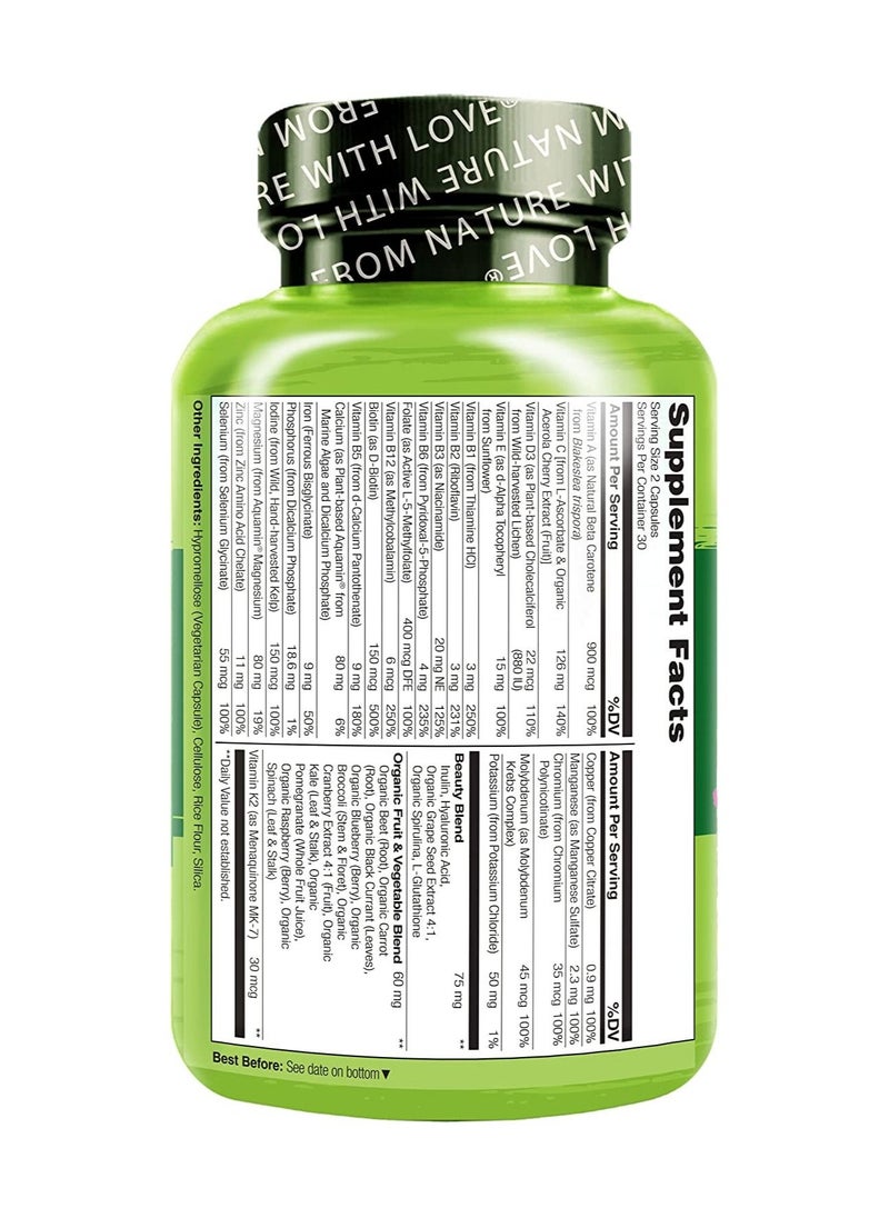 NATURELO - Whole Food Complete Multivitamine + Bueaty Blend With Hyluronic Acid & Grape Seed Formulated To Support Energy, Immune & Skin Health 60 Vegetarian Capsules - Image 1
