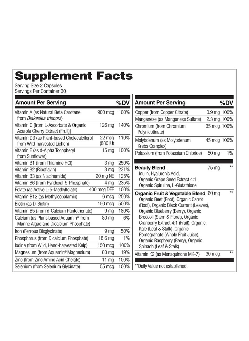 NATURELO - Whole Food Complete Multivitamine + Bueaty Blend With Hyluronic Acid & Grape Seed Formulated To Support Energy, Immune & Skin Health 60 Vegetarian Capsules - Image 1