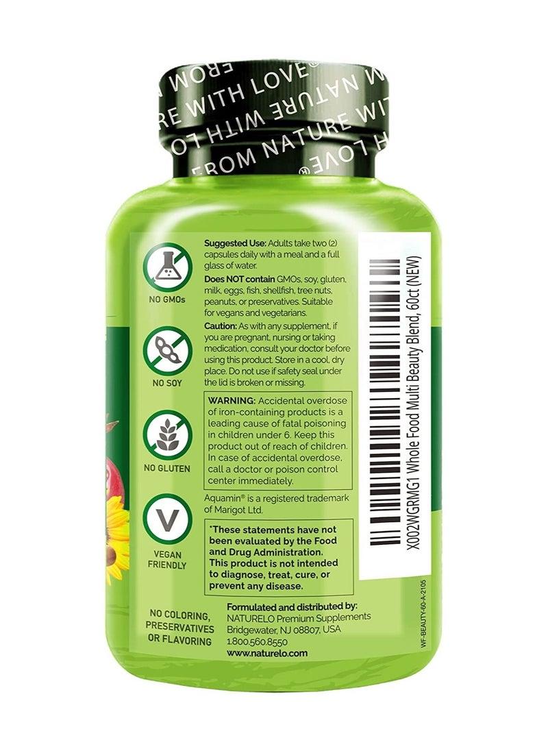 NATURELO - Whole Food Complete Multivitamine + Bueaty Blend With Hyluronic Acid & Grape Seed Formulated To Support Energy, Immune & Skin Health 60 Vegetarian Capsules - Image 1