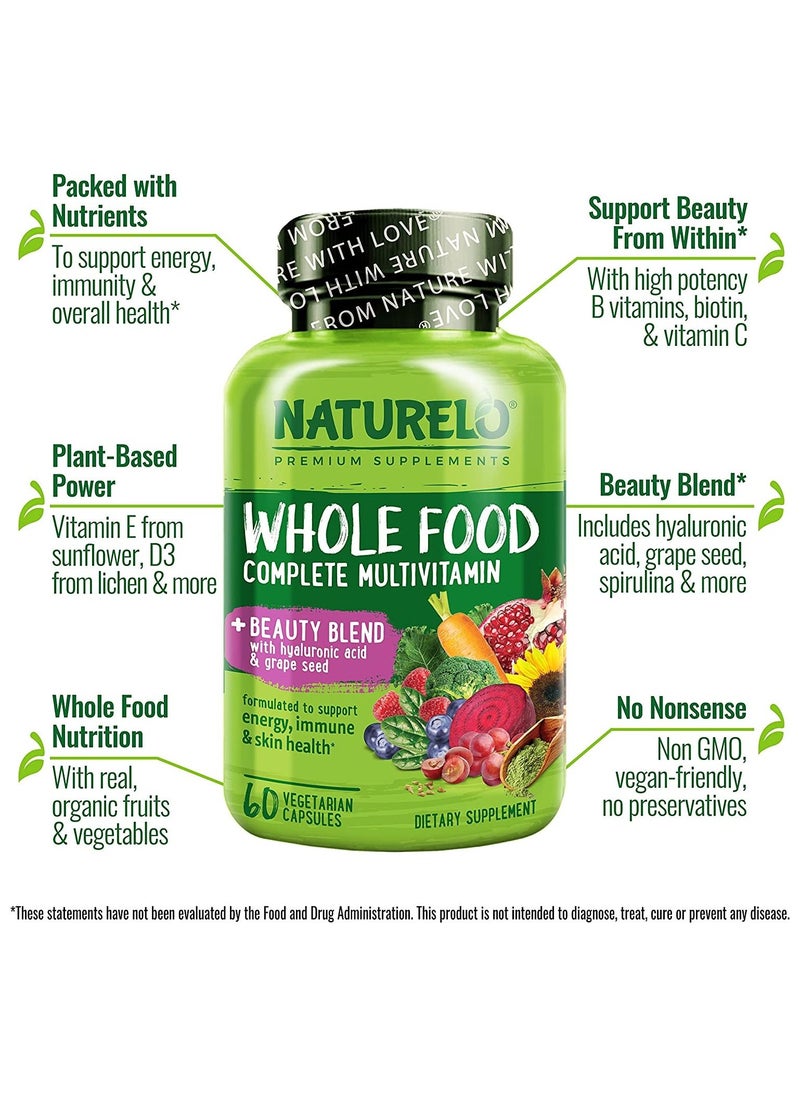 NATURELO - Whole Food Complete Multivitamine + Bueaty Blend With Hyluronic Acid & Grape Seed Formulated To Support Energy, Immune & Skin Health 60 Vegetarian Capsules - Image 1