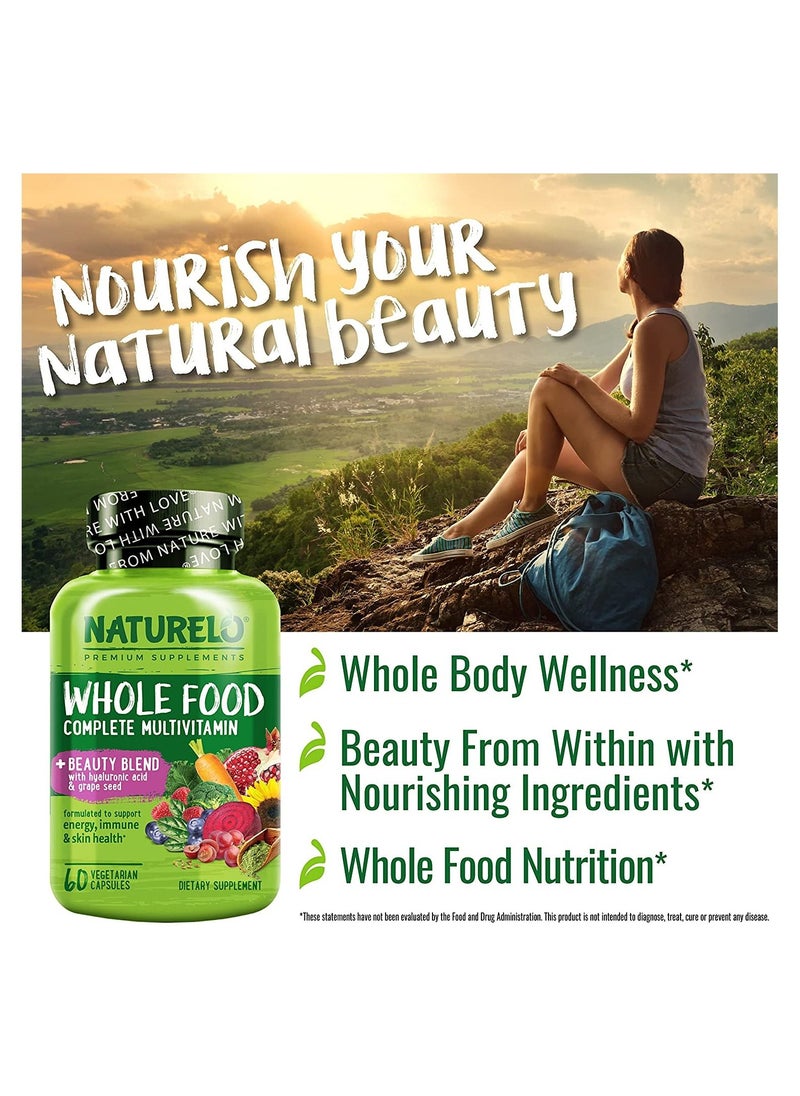 NATURELO - Whole Food Complete Multivitamine + Bueaty Blend With Hyluronic Acid & Grape Seed Formulated To Support Energy, Immune & Skin Health 60 Vegetarian Capsules - Image 1