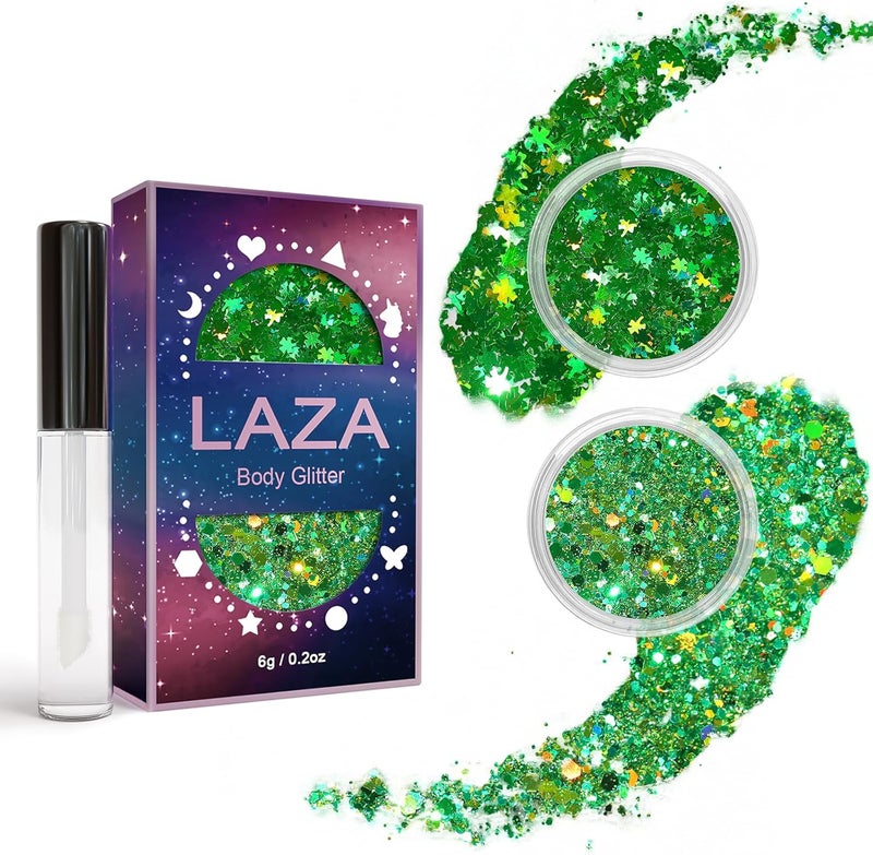 Laza 2 Jars St. Patrick’s Day Body Glitter Iridescent Chunky Sequins with Glitter Glue Women Eyeshadow Makeup Face Paint Festival Rave Outfits Hair Accessories Carnival Party Costumes-Iridescent Clove