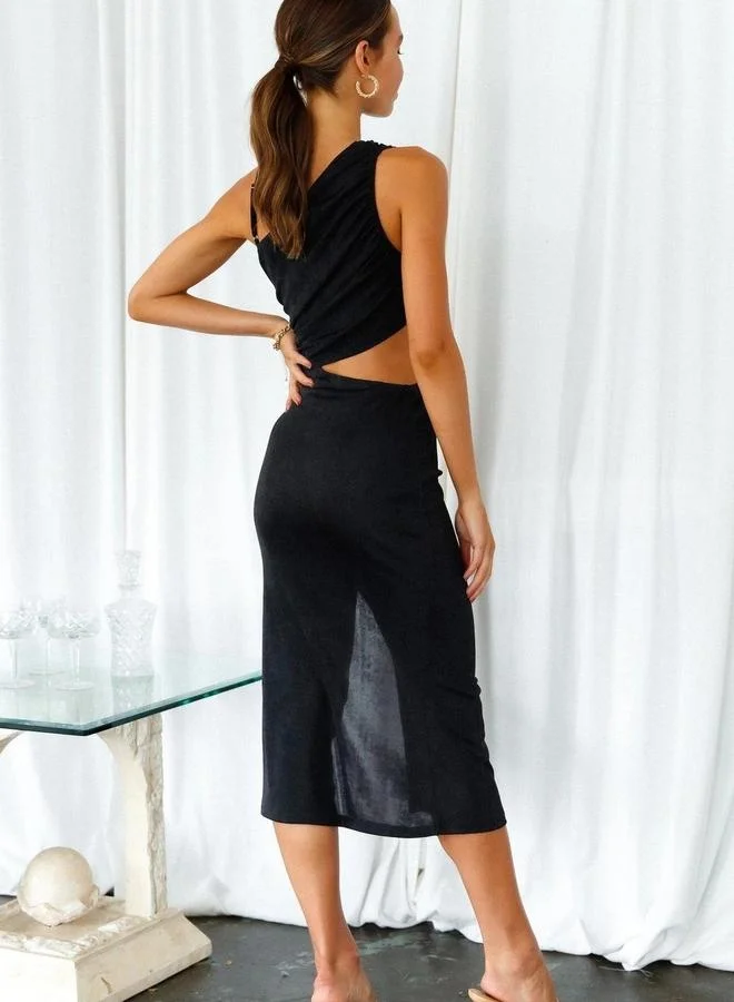 تايك تو Black Ruched Asymmetric Neck Sheath Midi Dress