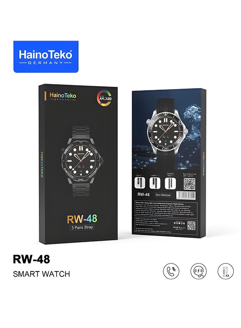 Haino Teko HainoTeko RW-48 Smart Watch with AMOLED Touchscreen, 3 Interchangeable Straps, Black - Image 2