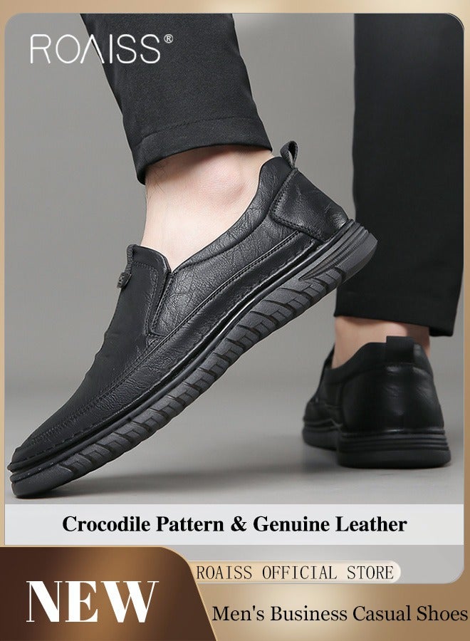 roaiss Men Business Casual Leather Shoes Non-slip Men's Driving Shoes Genuine Leather Shoes with Crocodile Pattern Slip-On Cowhide Soles Resistant Soft Sole Lace Free Design Black  - Image 1
