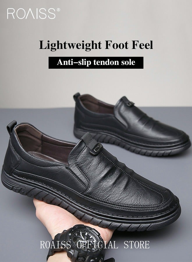 roaiss Men Business Casual Leather Shoes Non-slip Men's Driving Shoes Genuine Leather Shoes with Crocodile Pattern Slip-On Cowhide Soles Resistant Soft Sole Lace Free Design Black  - Image 2