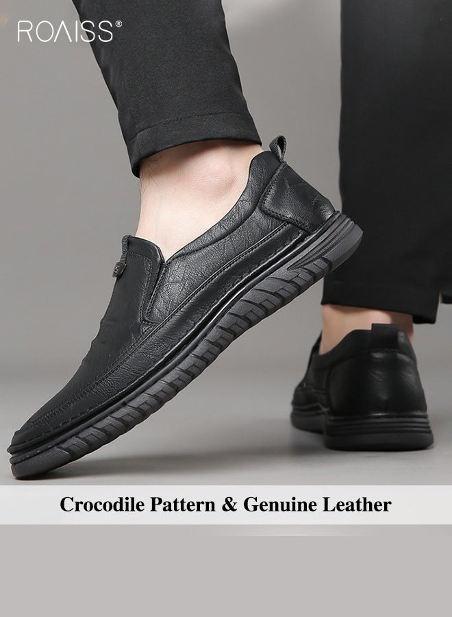 Men Business Casual Leather Shoes Non-slip Men's Driving Shoes Genuine Leather Shoes with Crocodile Pattern Slip-On Cowhide Soles Resistant Soft Sole Lace Free Design Black Outdoor Loafer Shoes