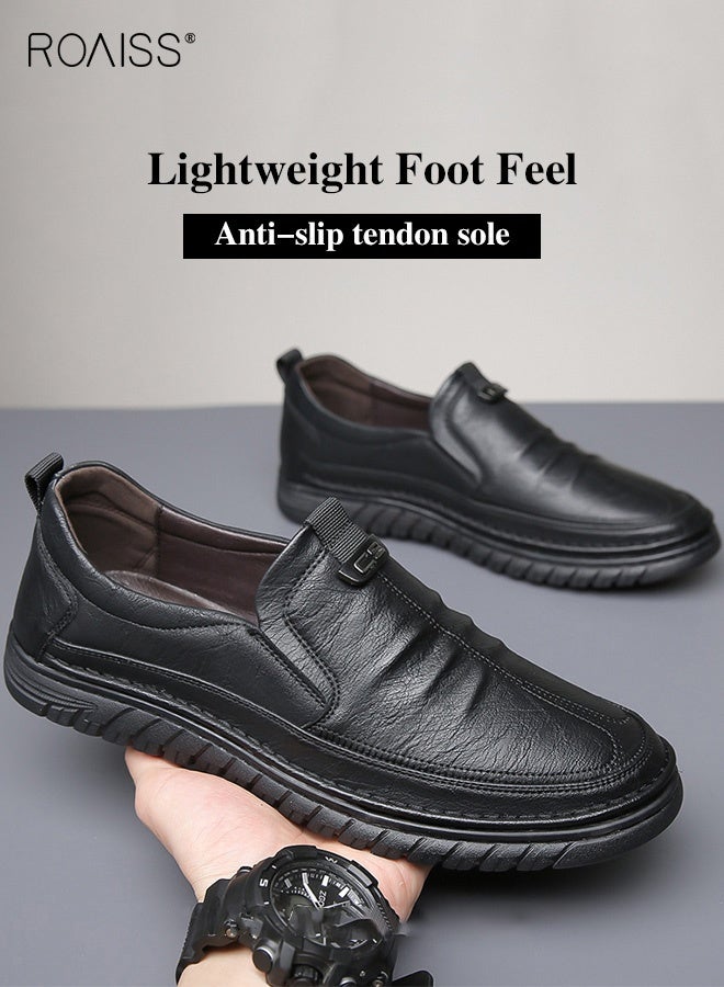 roaiss Men Business Casual Leather Shoes Non-slip Men's Driving Shoes Genuine Leather Shoes with Crocodile Pattern Slip-On Cowhide Soles Resistant Soft Sole Lace Free Design Black Outdoor Loafer Shoes - Image 2